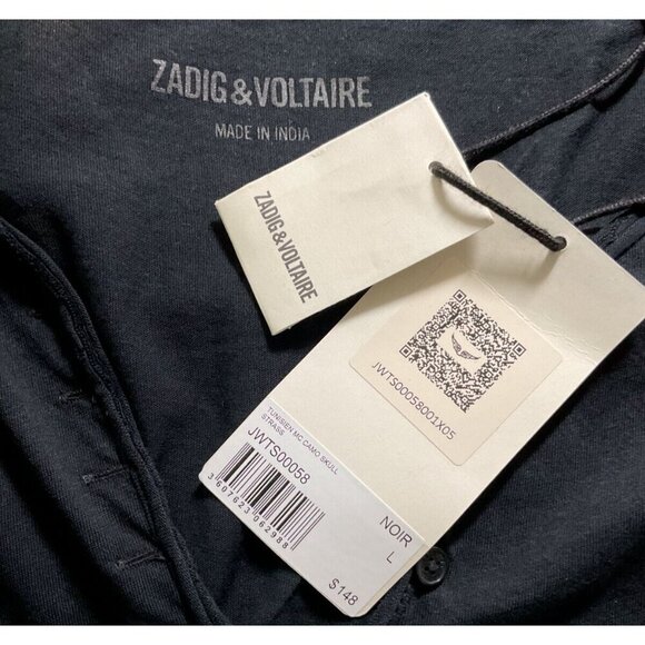 Zadig & Voltaire L Black Skull Metallic Camo Split Neck Cotton Short Sleeve Tee - Picture 6 of 6